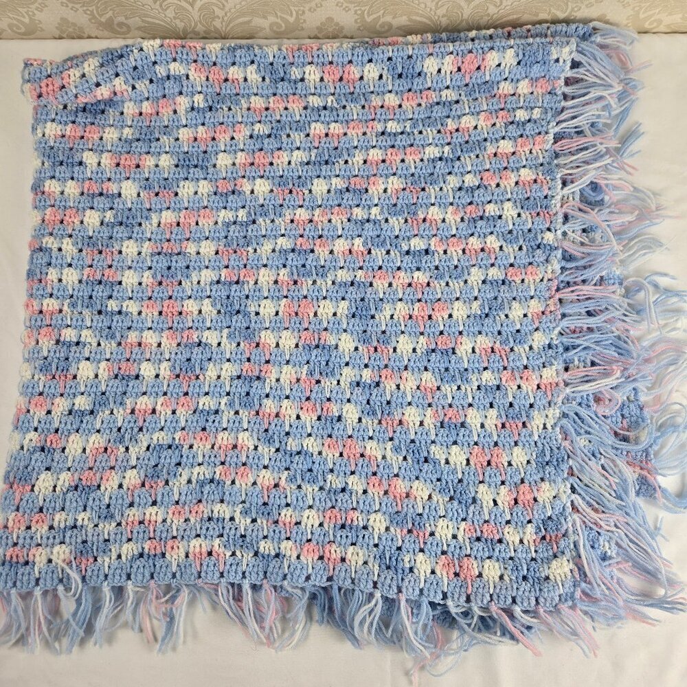 Handmade Crochet Baby Blanket Lap Blanket Blue White Pink Fringed Edges